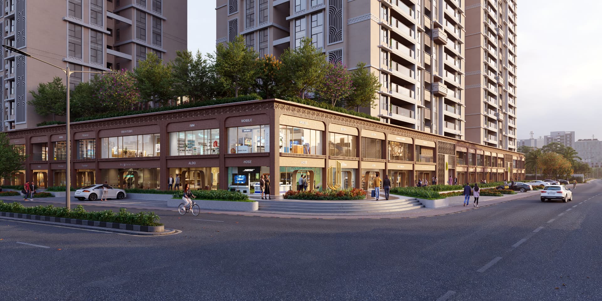 Venus Universe retail arcade and landscaped podium entrance, Nehrunagar Ahmedabad