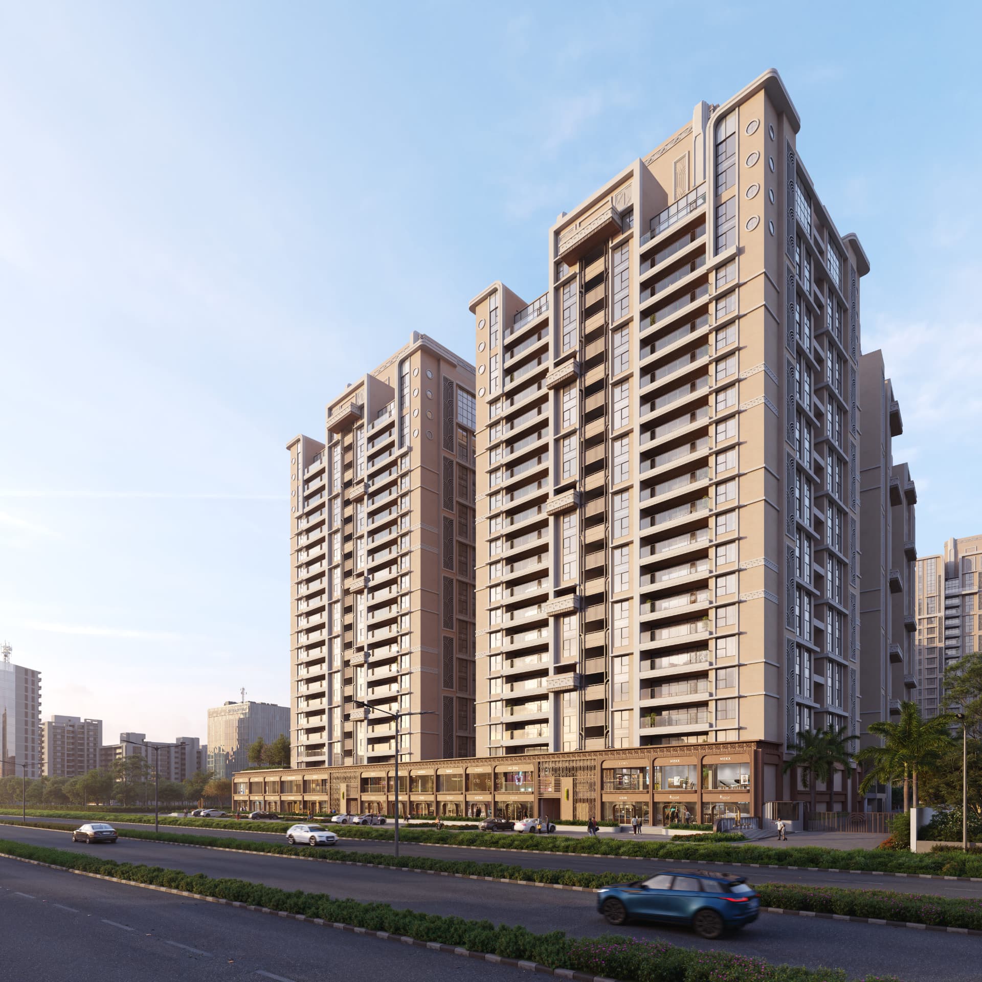 Venus Universe daylight tower facade with landscaped podium, Ahmedabad