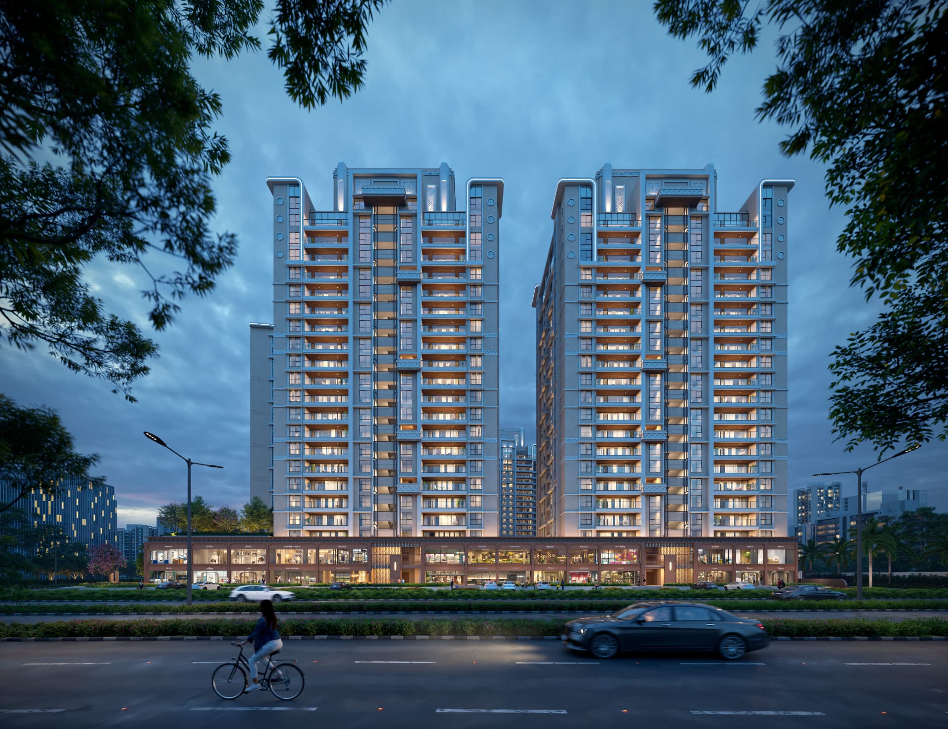 Venus Universe tower elevation with retail arcade along the main road, Nehrunagar Ahmedabad
