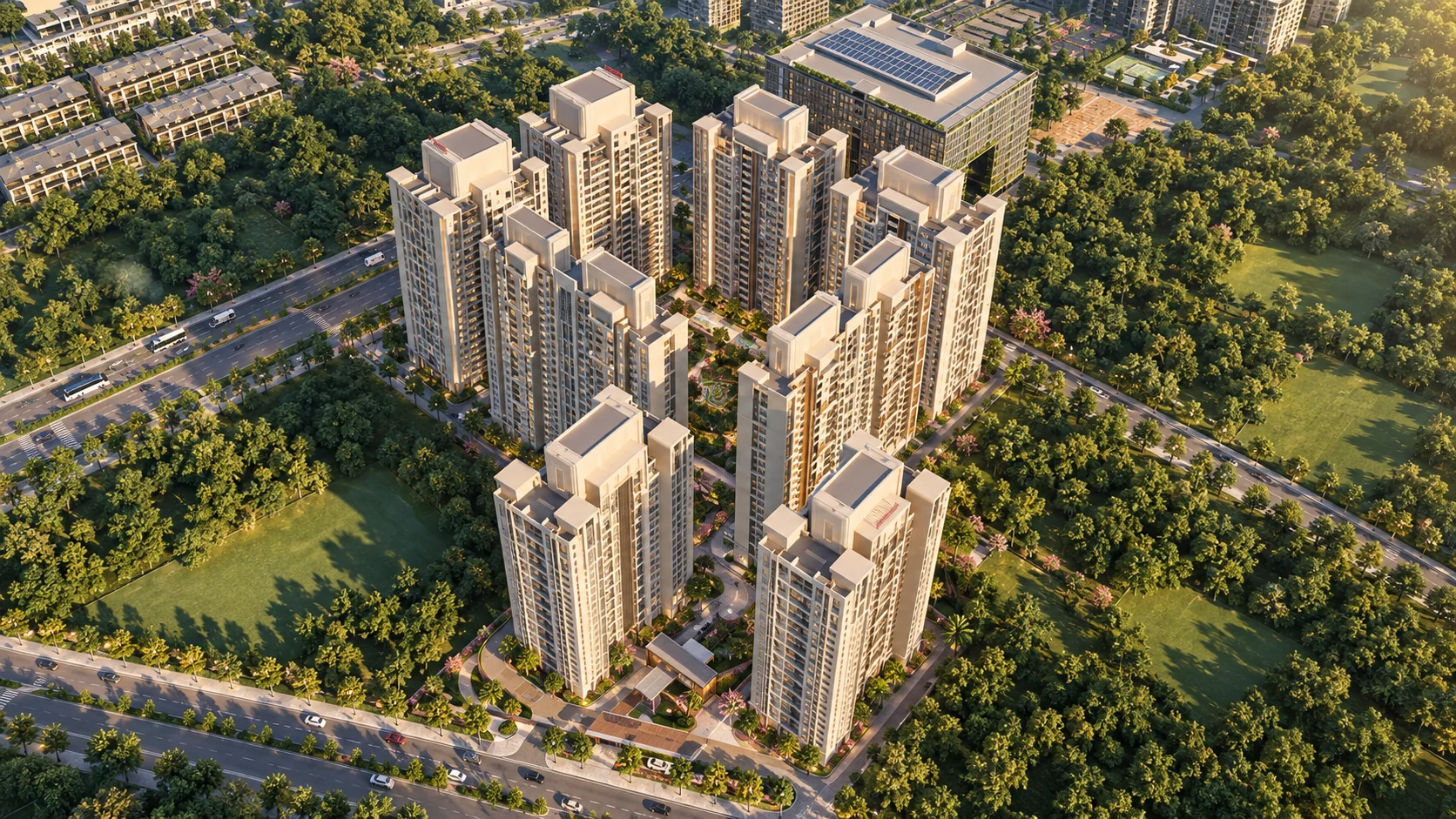 Aerial view of The Universe by Venus towers, internal landscape and surrounding greenery