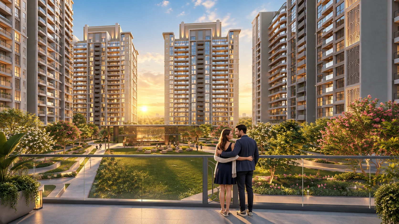 Couple overlooking the landscaped central garden from a private balcony at sunset