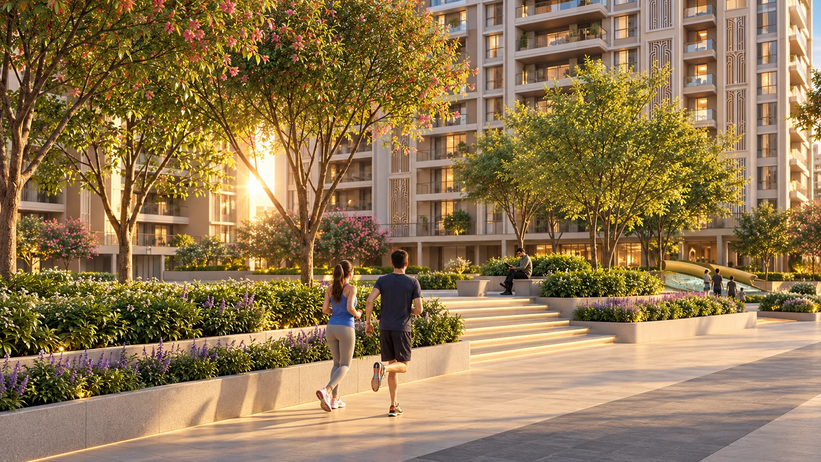Residents jogging through the landscaped central courtyard at golden hour