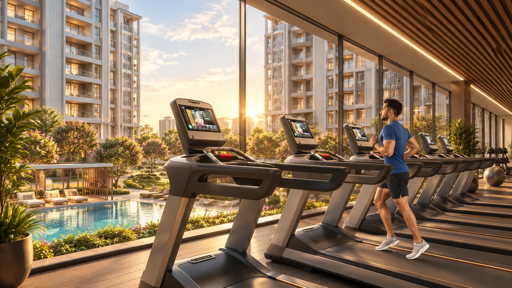 Premium fitness centre overlooking the pool and landscaped residential towers