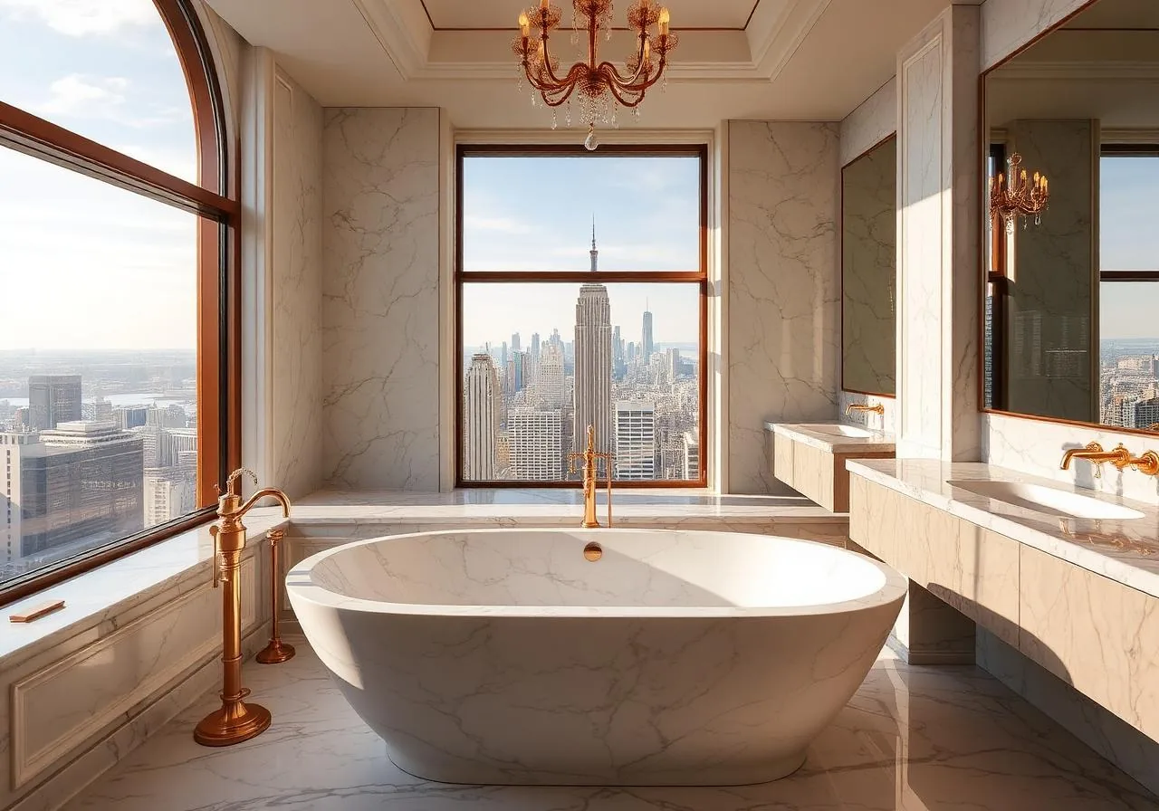 Marble bathroom with skyline view