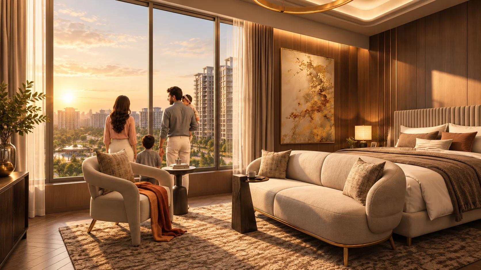 Family enjoying a warm premium residence interior with panoramic sunset views